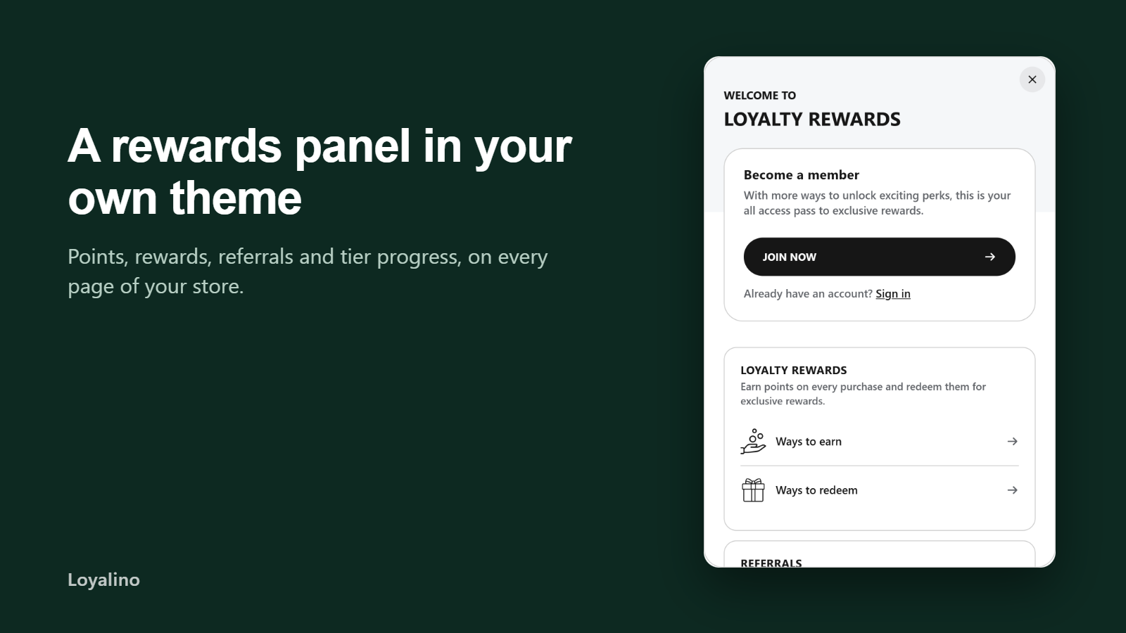 Loyalino rewards panel shown in a Shopify storefront theme